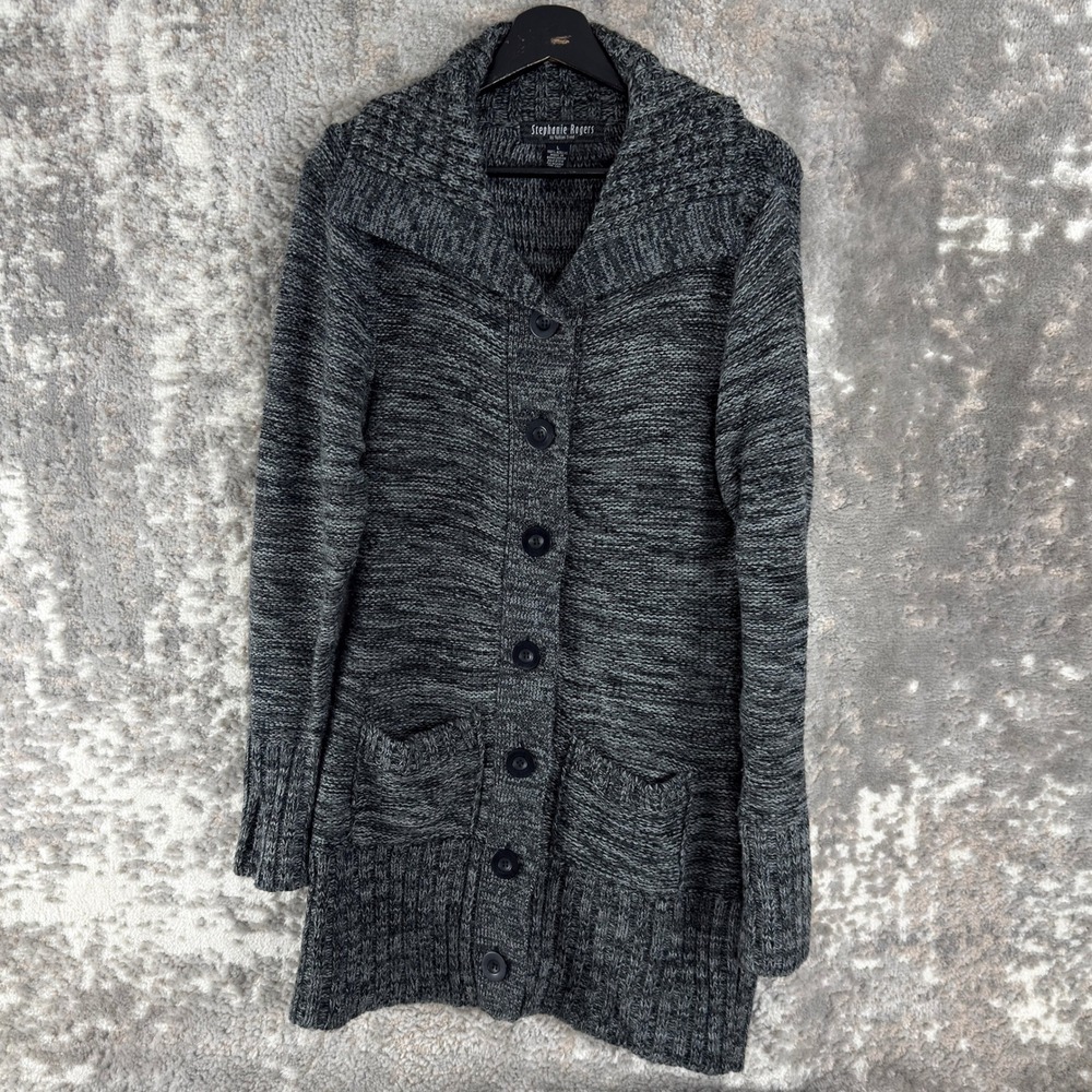 Stephanie Rogers Size L Marled Knit Button Front Long Cardigan Gray Women
